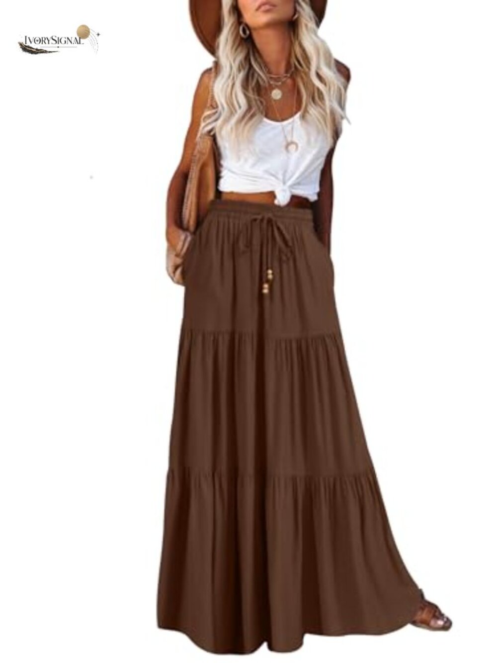 A-Line Flowy Ruffle Tiered Maxi Skirt with Pockets Rayon